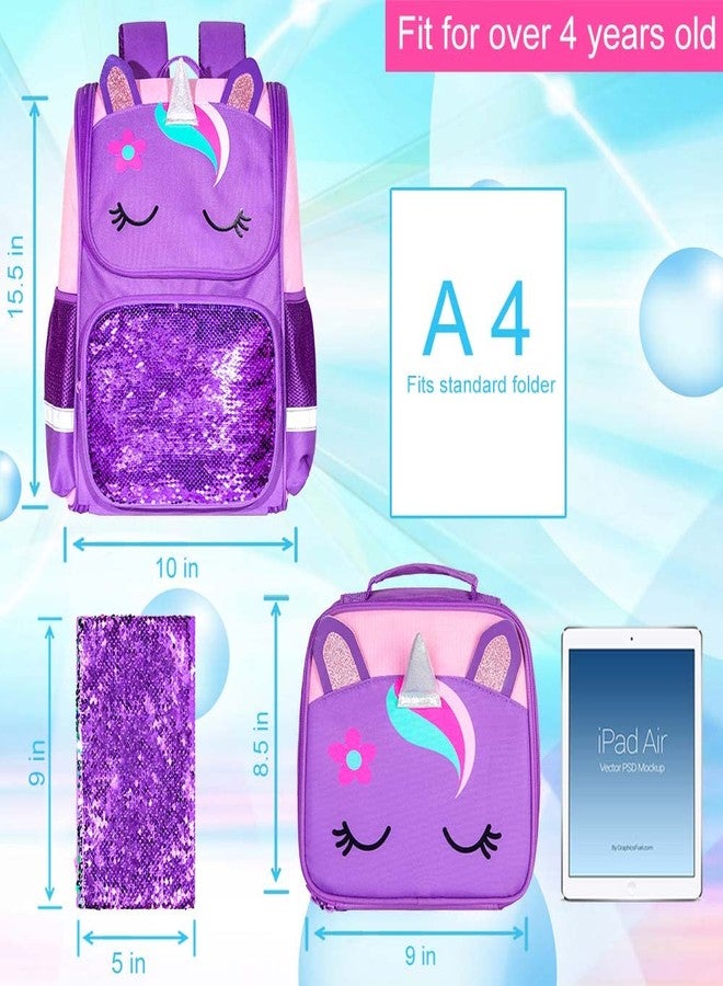 KLFVB 3PCS Unicorn Backpack, 15" Sequin Girls Bookbag with Lunch Box, Kids Preschool School bag for Elementary Students - Purple - Image 4