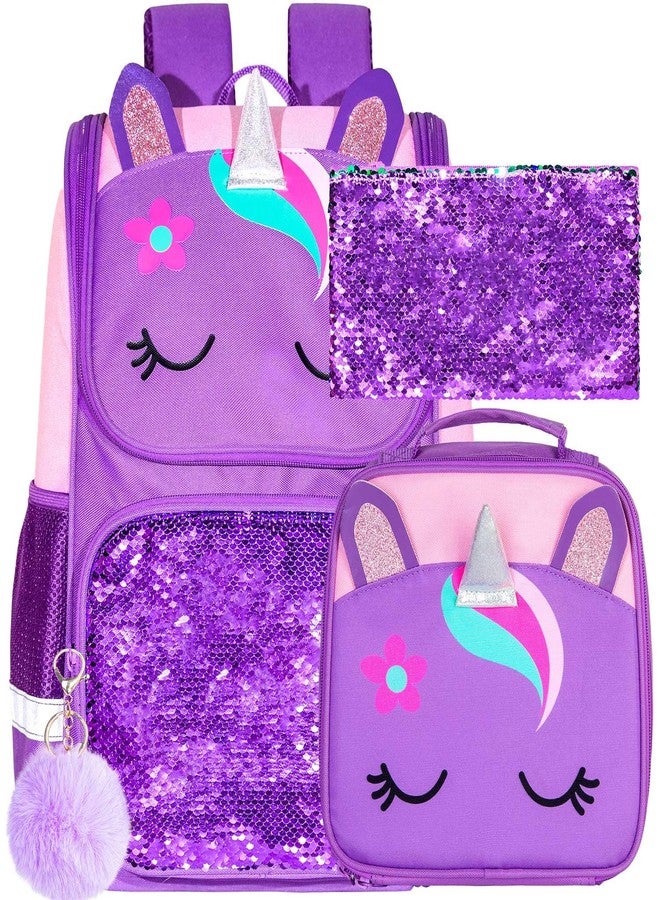 KLFVB 3PCS Unicorn Backpack, 15" Sequin Girls Bookbag with Lunch Box, Kids Preschool School bag for Elementary Students - Purple - Image 1