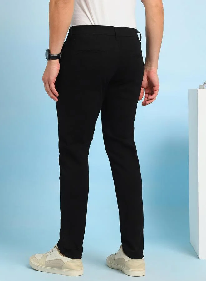 Dennis Lingo Men's Black 100% Cotton Solid Pattern Full Length Chinos Straight Fit Pants