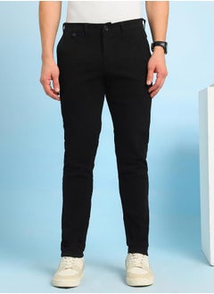 Dennis Lingo Black 98% Cotton 2 % Elastane Solid Pattern Straight Fit Pants for Men Full Bottom Body Wear Chinos Button Closure Woven Weave Mid Rise Waist - Perfect for Lifestyle Occasions  - Image 3