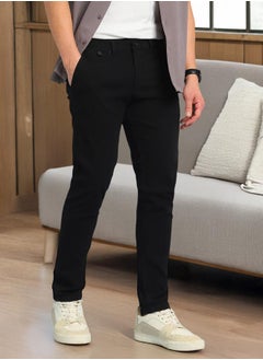 Dennis Lingo Black 98% Cotton 2 % Elastane Solid Pattern Straight Fit Pants for Men Full Bottom Body Wear Chinos Button Closure Woven Weave Mid Rise Waist - Perfect for Lifestyle Occasions  - Image 1