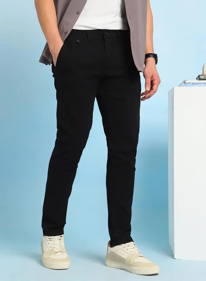 Dennis Lingo Men's Black 100% Cotton Solid Pattern Full Length Chinos Straight Fit Pants