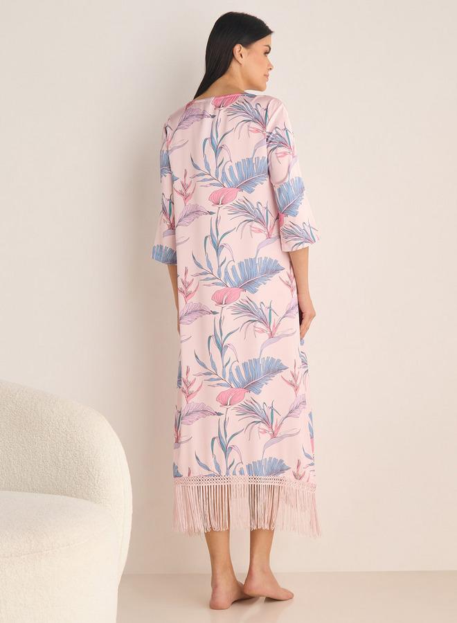 سبلاش فيڤ قميص نوم مطبوع بالزهور بأكمام 3/4 وتفاصيل شراشيب - Image 3