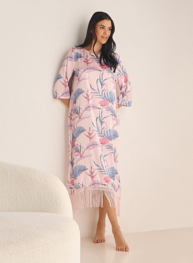 سبلاش فيڤ قميص نوم مطبوع بالزهور بأكمام 3/4 وتفاصيل شراشيب - Image 1