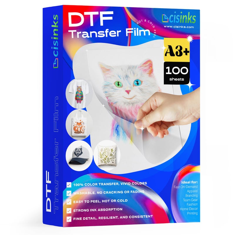 Cisinks Premium DTF Transfer Film 13x19 A3 plus HotCold Peel 100 Sheets Matte Clear PreTreat PET Heat Transfer Paper for DIY Direct Print on All Fabric and Colors TShirts Textile