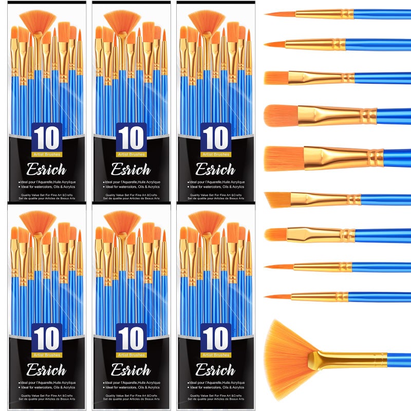 ESRICH Paint Brushes,6Packs-60Pcs Paint Brush for Acrylic Painting,Acrylic Paint Brush Set for Oil Watercolor,Body Face Rock Canvas, Small Paint Brushes for Kids Adult Drawing - Image 1