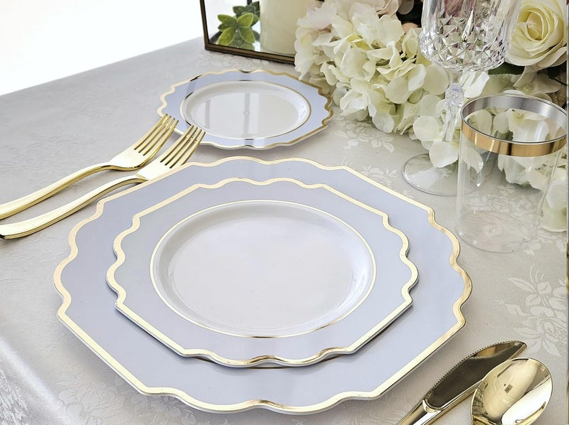 OCCASIONS FINEST PLA "" OCCASIONS "" 150 Piece set (25 Guests)-Wedding Plastic Plates & cutlery -Disposable heavyweight Dinnerware 10.5''  8'' + Silverware w/double fork (Imperial in White/Blue & Gold) - Image 2
