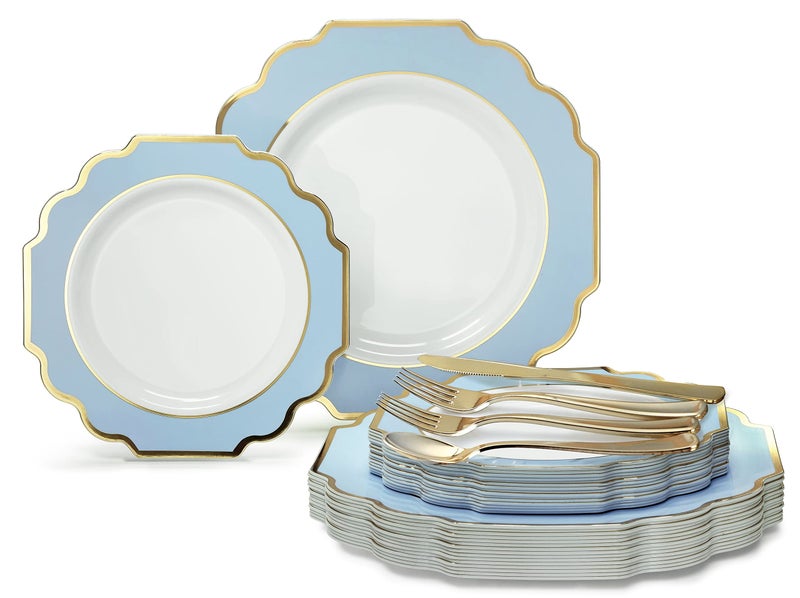 OCCASIONS FINEST PLA "" OCCASIONS "" 150 Piece set (25 Guests)-Wedding Plastic Plates & cutlery -Disposable heavyweight Dinnerware 10.5''  8'' + Silverware w/double fork (Imperial in White/Blue & Gold) - Image 1