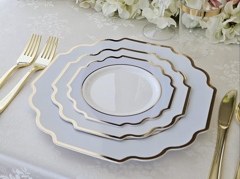 OCCASIONS FINEST PLA "" OCCASIONS "" 150 Piece set (25 Guests)-Wedding Plastic Plates & cutlery -Disposable heavyweight Dinnerware 10.5''  8'' + Silverware w/double fork (Imperial in White/Blue & Gold) - Image 3