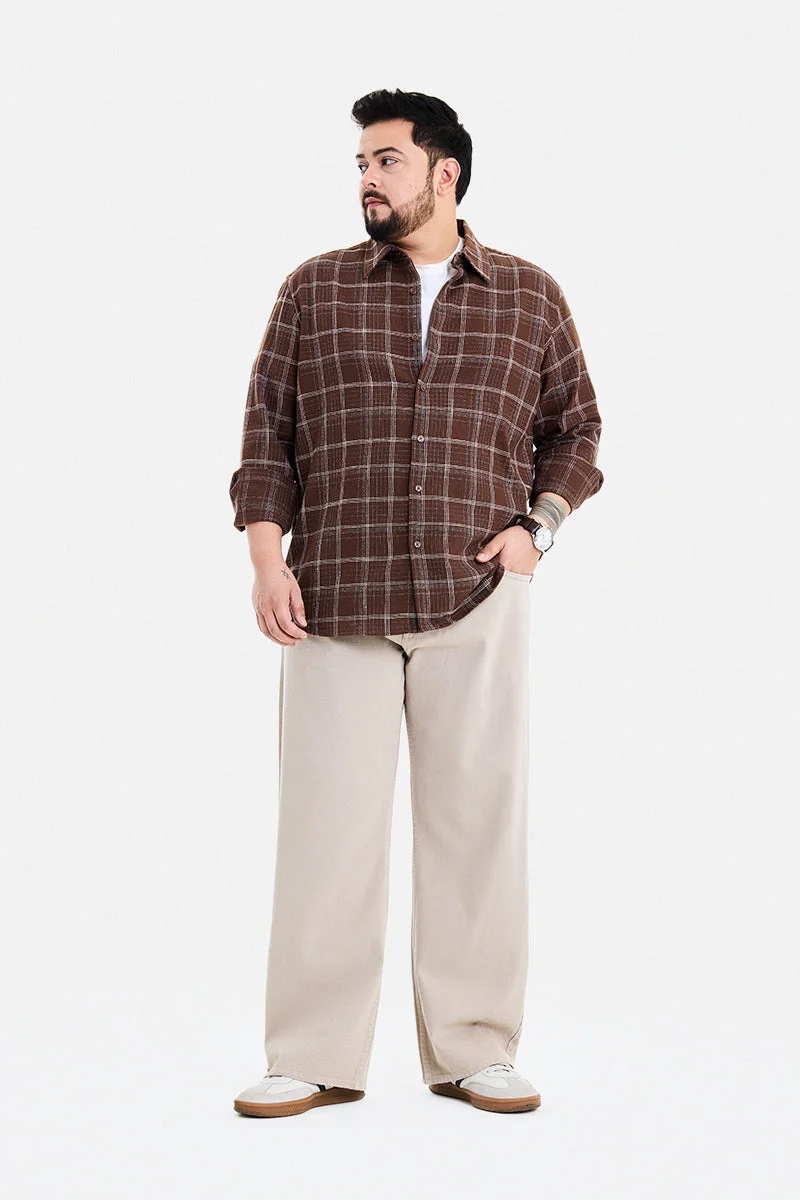 SNITCH Brown Checkered Long Sleeve Regular Fit Casual Plus Size Shirt