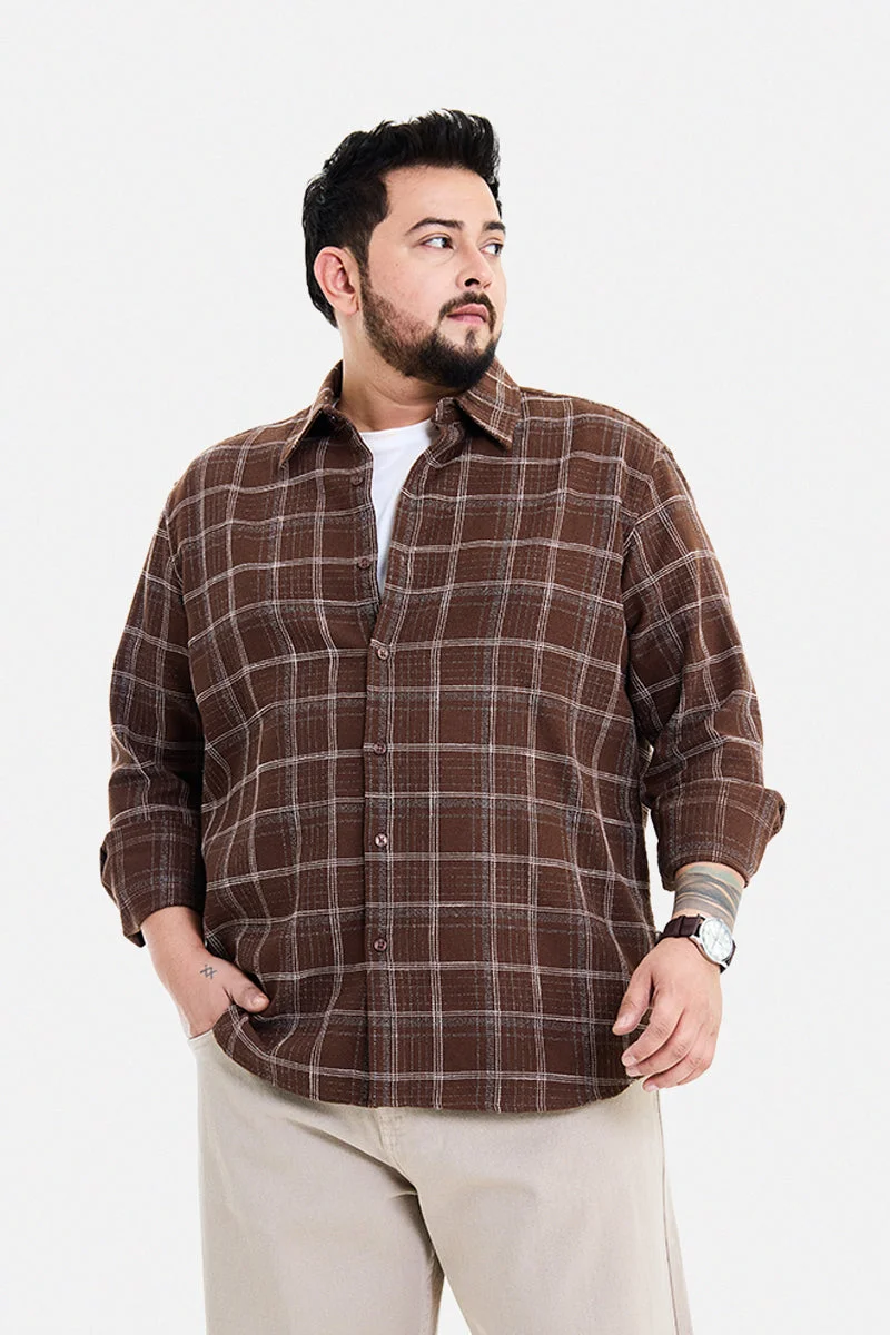 SNITCH Brown Checkered Long Sleeve Regular Fit Casual Plus Size Shirt
