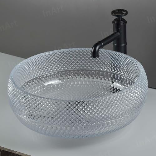 InArt Modular Vanity Crystal Glass Wash Basin - Luxury Green, Clear Table Top & Counter Top Basin, 42 x 42 x 18 cm, for Bathroom & Living Rooms (Clear 2) - Image 4