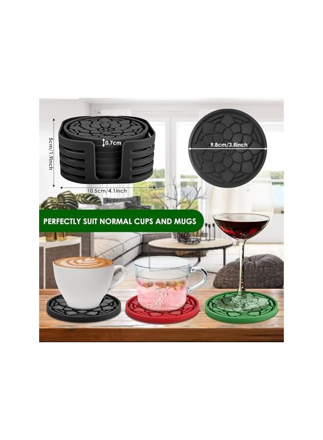 The Bros Silicone Coasters, 6 Pack Non-Slip Drink Coasters with Holder, Silicone Cup Holder Coasters, Cup Coasters for Drinks Desk Home Decor Tabletop Protection, Round Black Coasters - Image 2