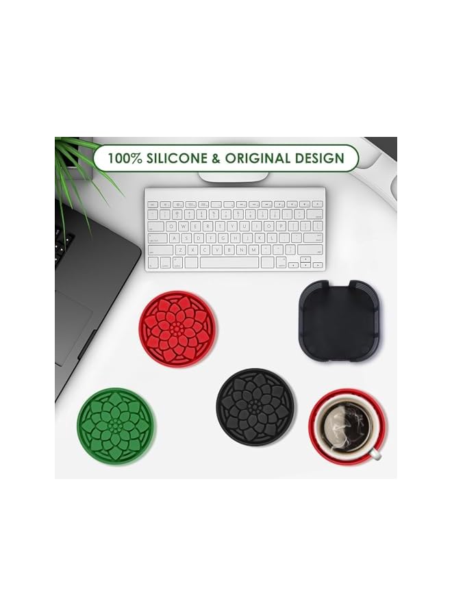 The Bros Silicone Coasters, 6 Pack Non-Slip Drink Coasters with Holder, Silicone Cup Holder Coasters, Cup Coasters for Drinks Desk Home Decor Tabletop Protection, Round Black Coasters - Image 3