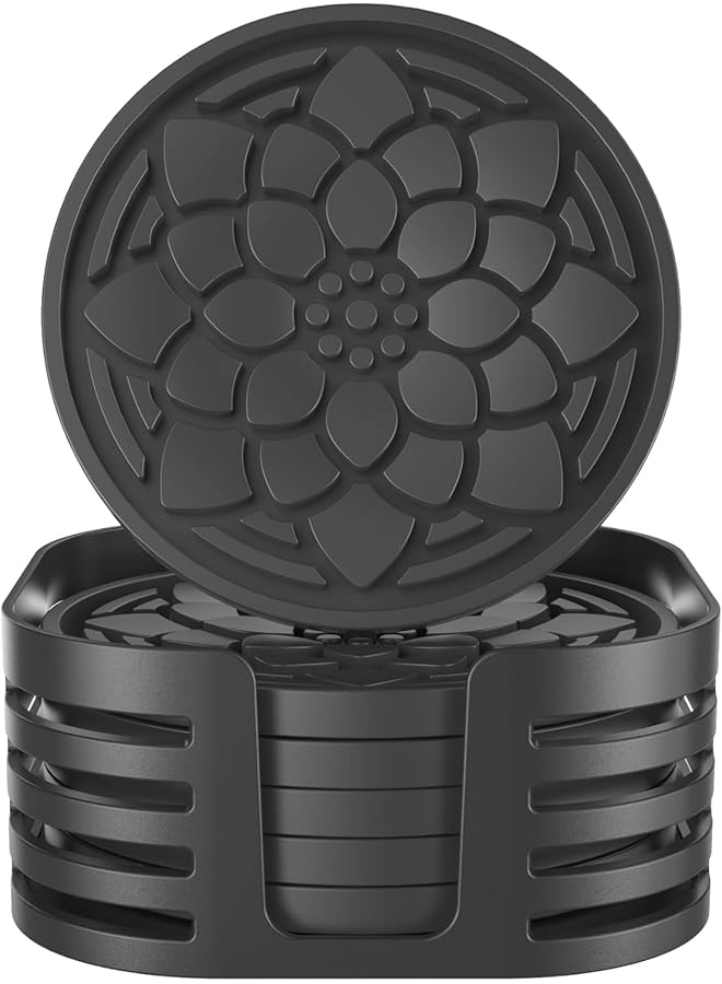 The Bros Silicone Coasters, 6 Pack Non-Slip Drink Coasters with Holder, Silicone Cup Holder Coasters, Cup Coasters for Drinks Desk Home Decor Tabletop Protection, Round Black Coasters - Image 1