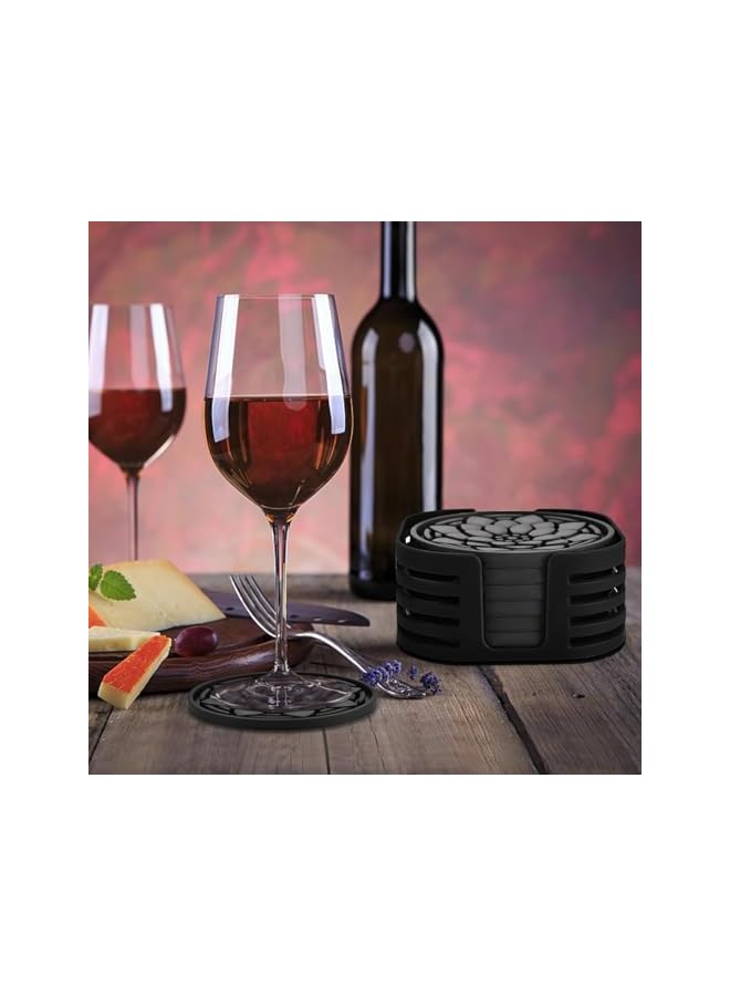 The Bros Silicone Coasters, 6 Pack Non-Slip Drink Coasters with Holder, Silicone Cup Holder Coasters, Cup Coasters for Drinks Desk Home Decor Tabletop Protection, Round Black Coasters - Image 4