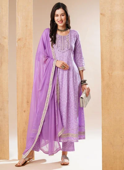 globus Globus Women Floral Printed Panelled Thread Work Anarkali Kurta With Trouser &Dupatta