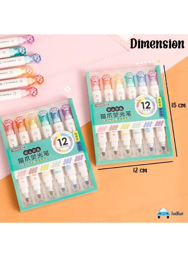 FunBlast Cute Cat Paw Highlighter Pen, 12 Color Highlighters Pens Cute, Dual-side 2 in 1 Color Highlighter Pens Set, Pack of 6 Highlighter Pen, Dual Tip Highlighter - Image 2