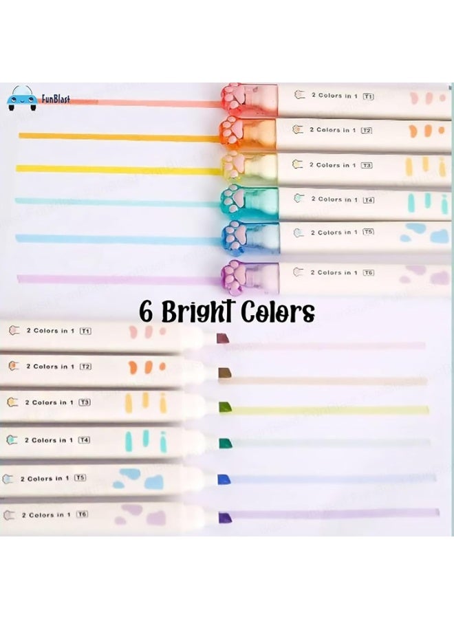 FunBlast Cute Cat Paw Highlighter Pen, 12 Color Highlighters Pens Cute, Dual-side 2 in 1 Color Highlighter Pens Set, Pack of 6 Highlighter Pen, Dual Tip Highlighter - Image 3