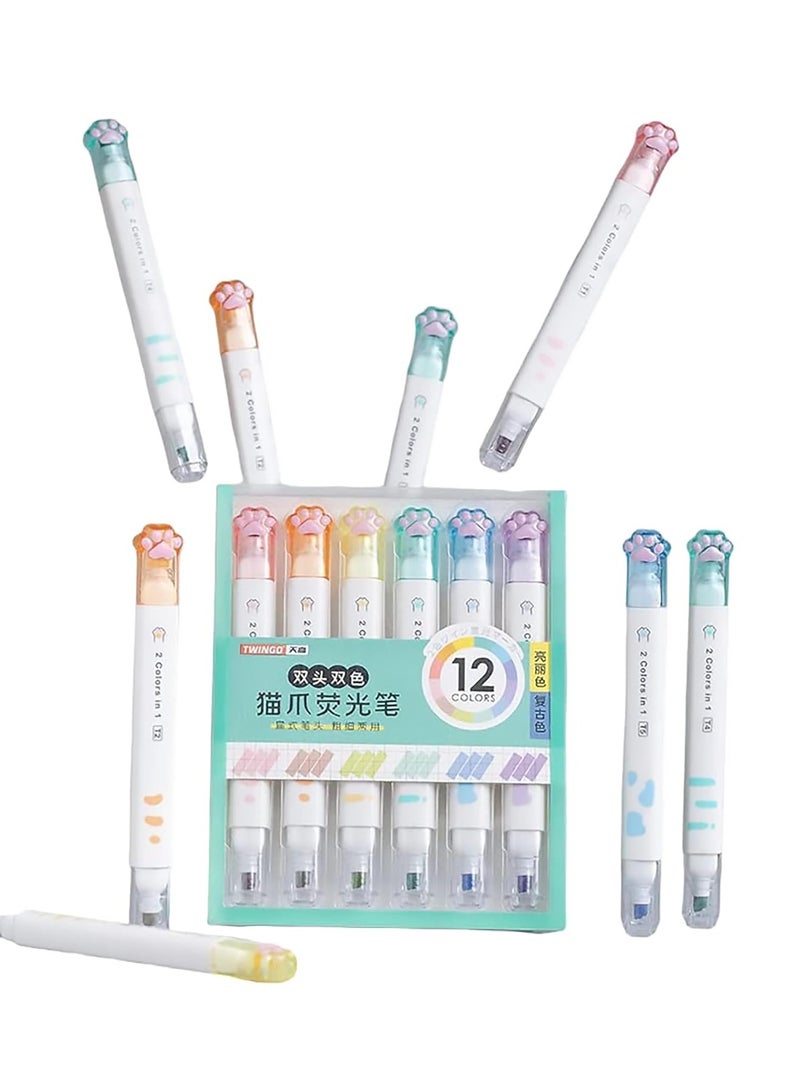 FunBlast Cute Cat Paw Highlighter Pen, 12 Color Highlighters Pens Cute, Dual-side 2 in 1 Color Highlighter Pens Set, Pack of 6 Highlighter Pen, Dual Tip Highlighter - Image 1