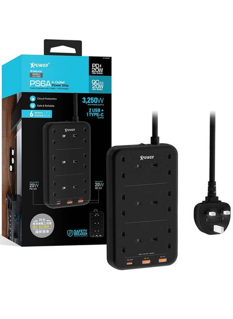 Xpower PS6A 2 in 1 PD 3.0 6 Outlet Power Strip 3,250W Max Power Supply 2 USB C + 1 Type-C output - Black
