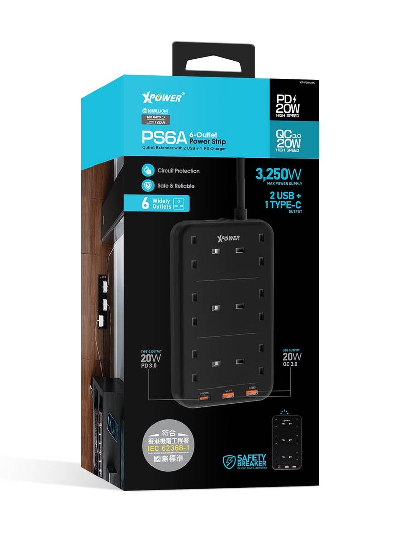 Xpower PS6A 2 in 1 PD 3.0 6 Outlet Power Strip 3,250W Max Power Supply 2 USB C + 1 Type-C output - Black