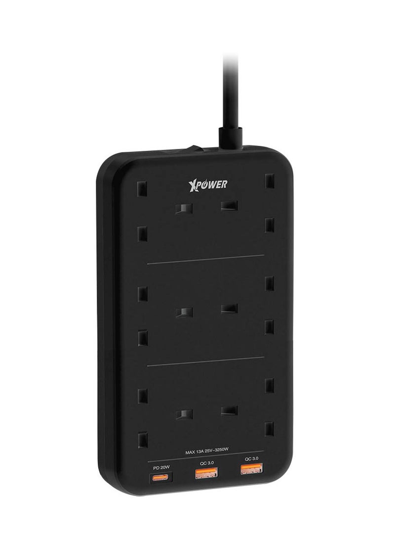 Xpower PS6A 2 in 1 PD 3.0 6 Outlet Power Strip 3,250W Max Power Supply 2 USB C + 1 Type-C output - Black