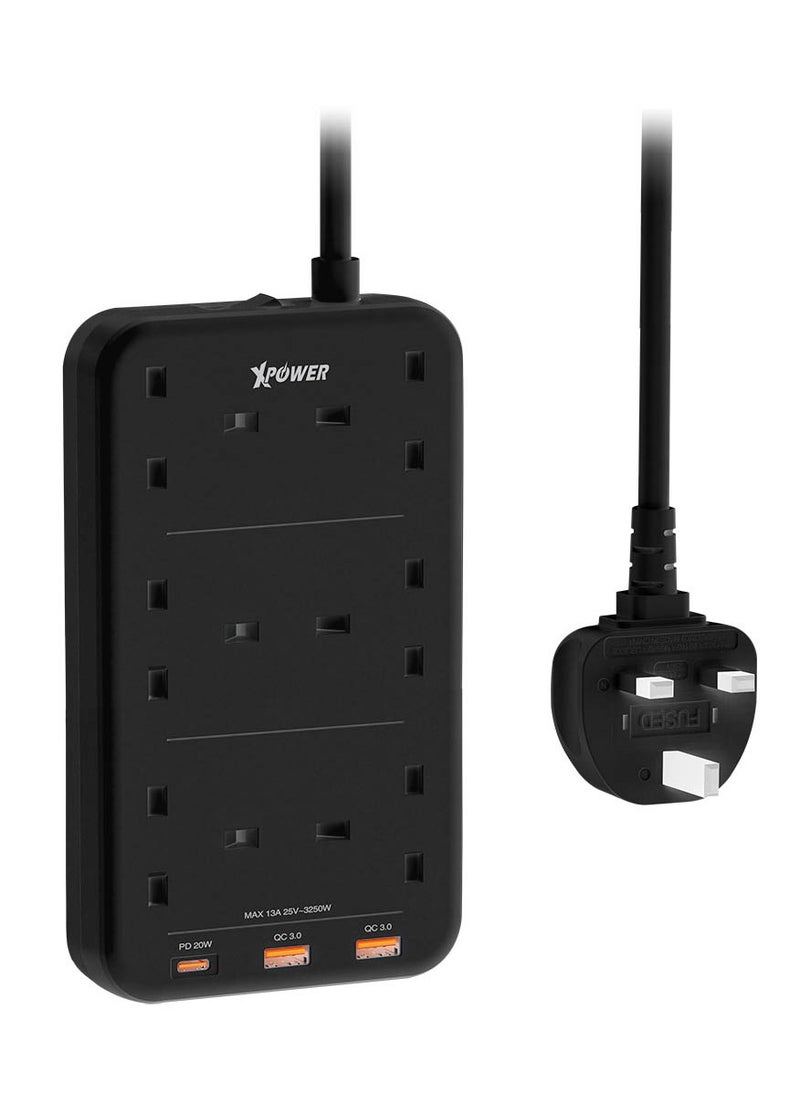 Xpower PS6A 2 in 1 PD 3.0 6 Outlet Power Strip 3,250W Max Power Supply 2 USB C + 1 Type-C output - Black