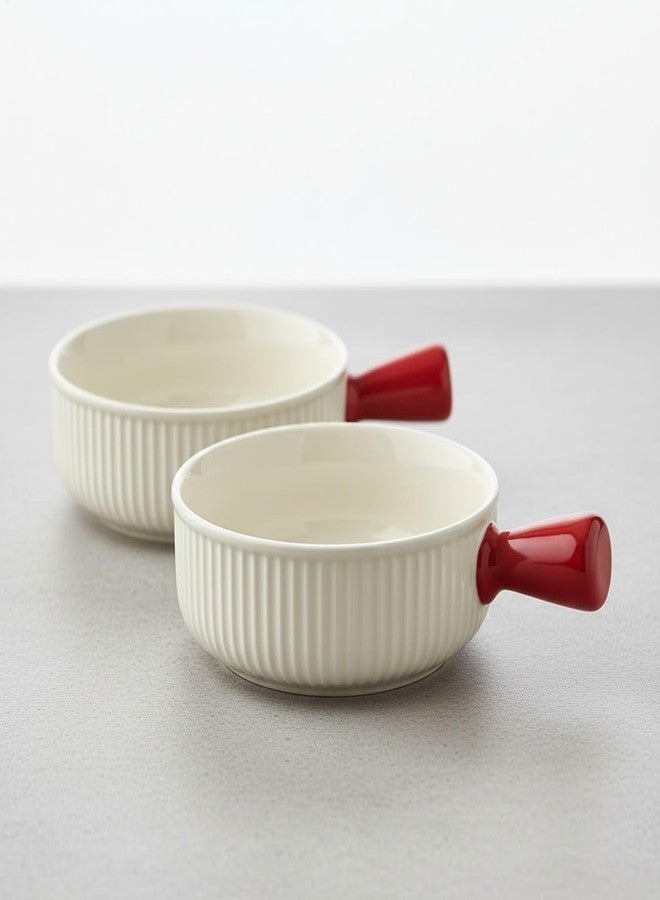 Beyond Homes Handcrafted Ceramic Snack Bowl with Handle, 15.5 cm | Dishwasher & Microwave Safe Bowl for Snacks | Ceramic Serving Bowl for Salads, Noodles, Soup, Curry (Dual Tone-White with Red) - Image 2