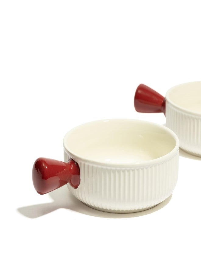 Beyond Homes Handcrafted Ceramic Snack Bowl with Handle, 15.5 cm | Dishwasher & Microwave Safe Bowl for Snacks | Ceramic Serving Bowl for Salads, Noodles, Soup, Curry (Dual Tone-White with Red) - Image 5