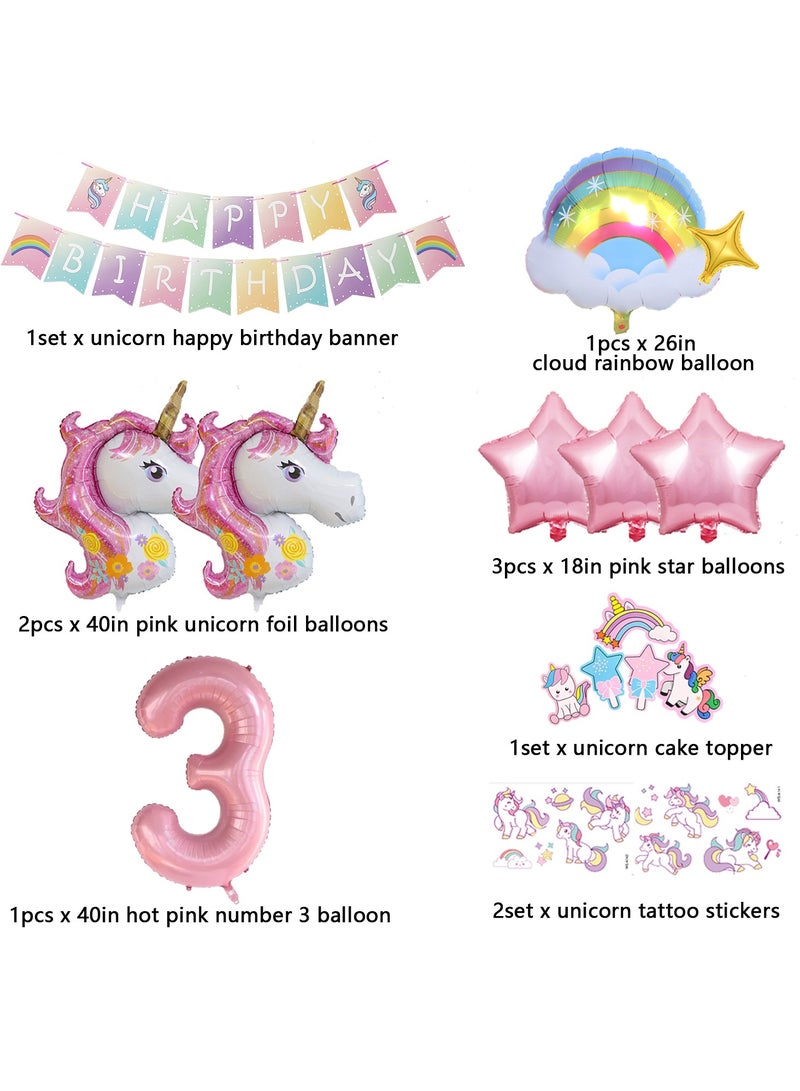 3rd Birthday Decoration 43in Unicorn Birthday Balloons for Girls,Pink Unicorn Rainbow Balloon Graland,Unicorn Party Supplies,Happy Birthday Banner,Cake Toppers,Tattoo Stickers  - Image 4