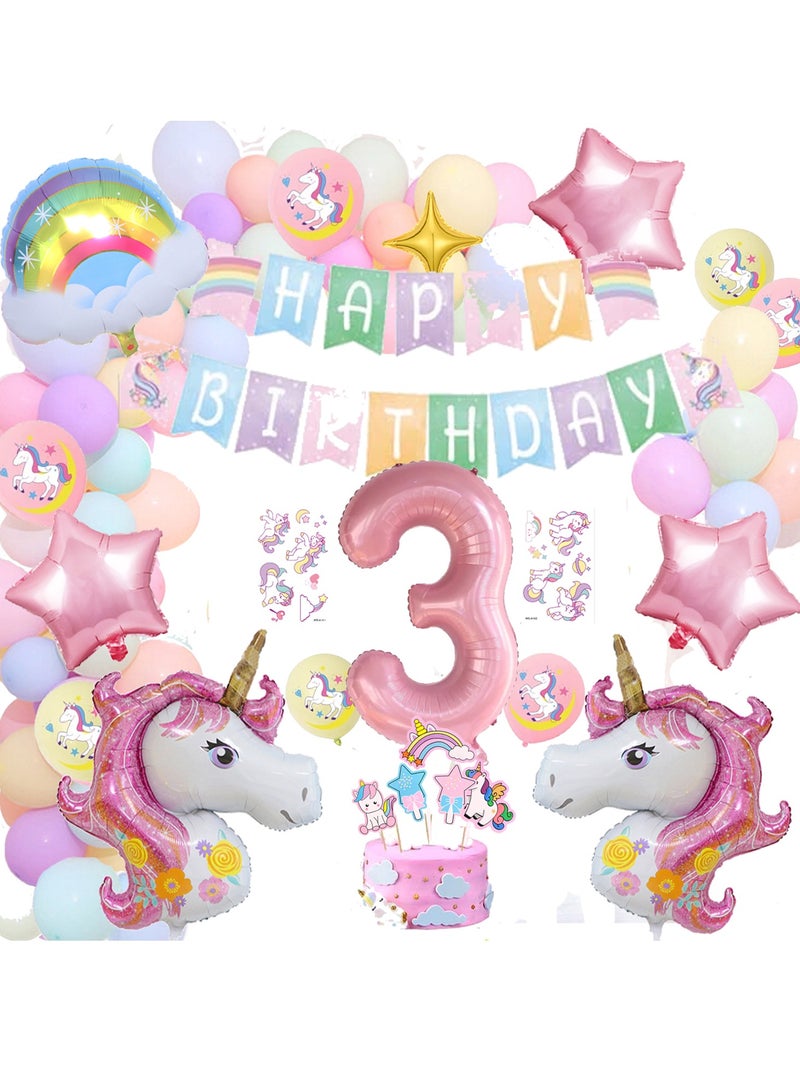3rd Birthday Decoration 43in Unicorn Birthday Balloons for Girls,Pink Unicorn Rainbow Balloon Graland,Unicorn Party Supplies,Happy Birthday Banner,Cake Toppers,Tattoo Stickers  - Image 1