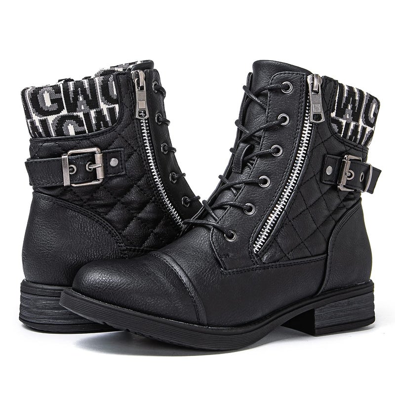 GLOBALWIN Women's Black Combat Boots Lace Up Boots For Women Ankle Booties With Low Heel Fashion Dressy Short Boots Size 8M - Image 1