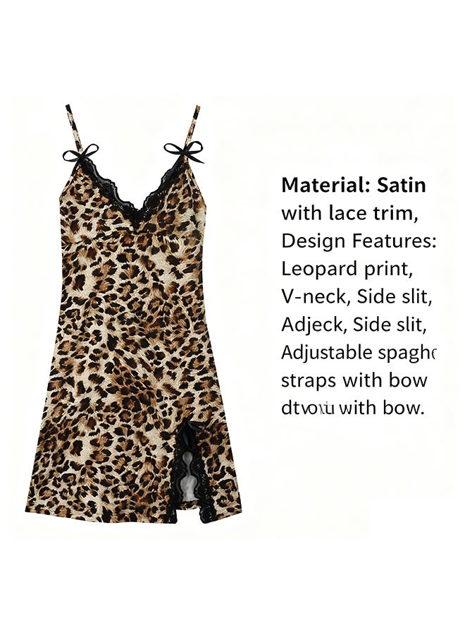 قميص نوم نسائي بنقشة جلد النمر، بفتحة رقبة على شكل حرف V، وحمالات رفيعة، وقميص نوم قصير. - Image 2