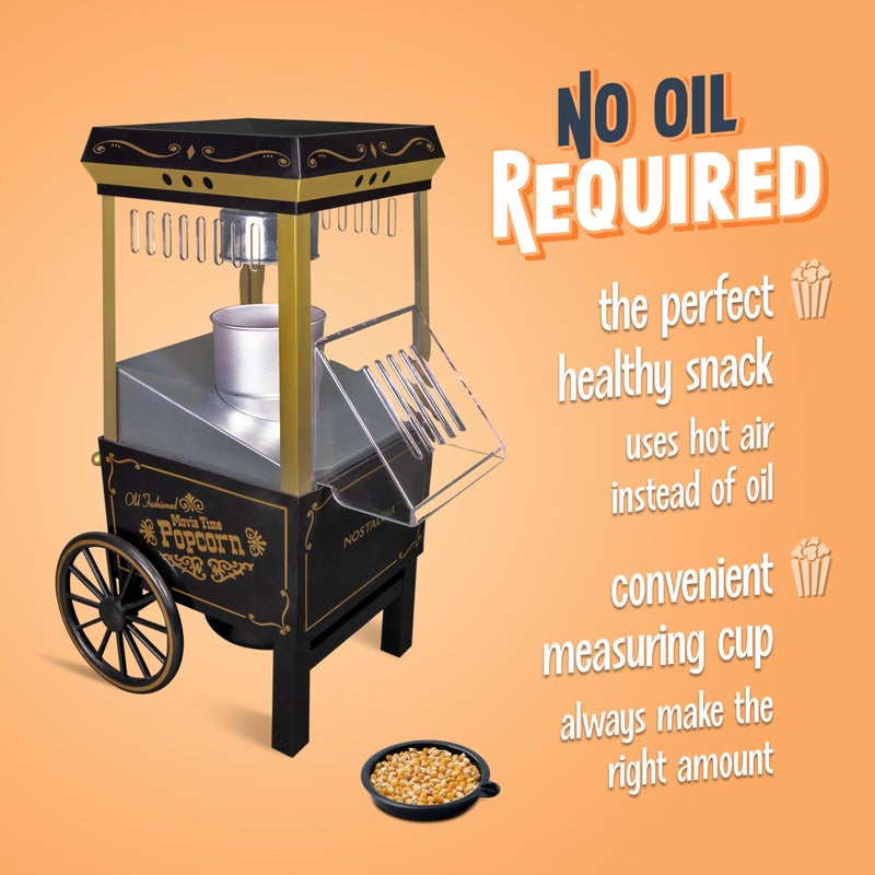 Nostalgia Vintage Hot-Air Popcorn Maker Machine - Makes Up to 12 Cups - Oil-Free - Healthier Popcorn - Classic Stand-Up Cart With Wheels - Includes Kernel Measuring Cup - Black - Image 4
