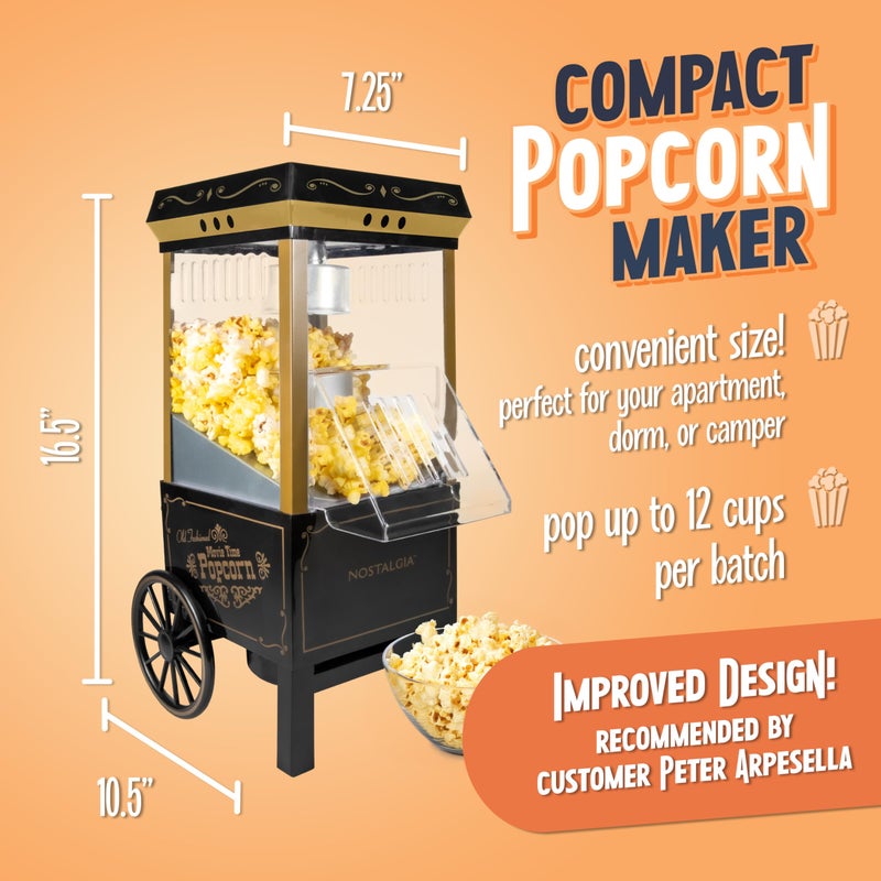 Nostalgia Vintage Hot-Air Popcorn Maker Machine - Makes Up to 12 Cups - Oil-Free - Healthier Popcorn - Classic Stand-Up Cart With Wheels - Includes Kernel Measuring Cup - Black - Image 2