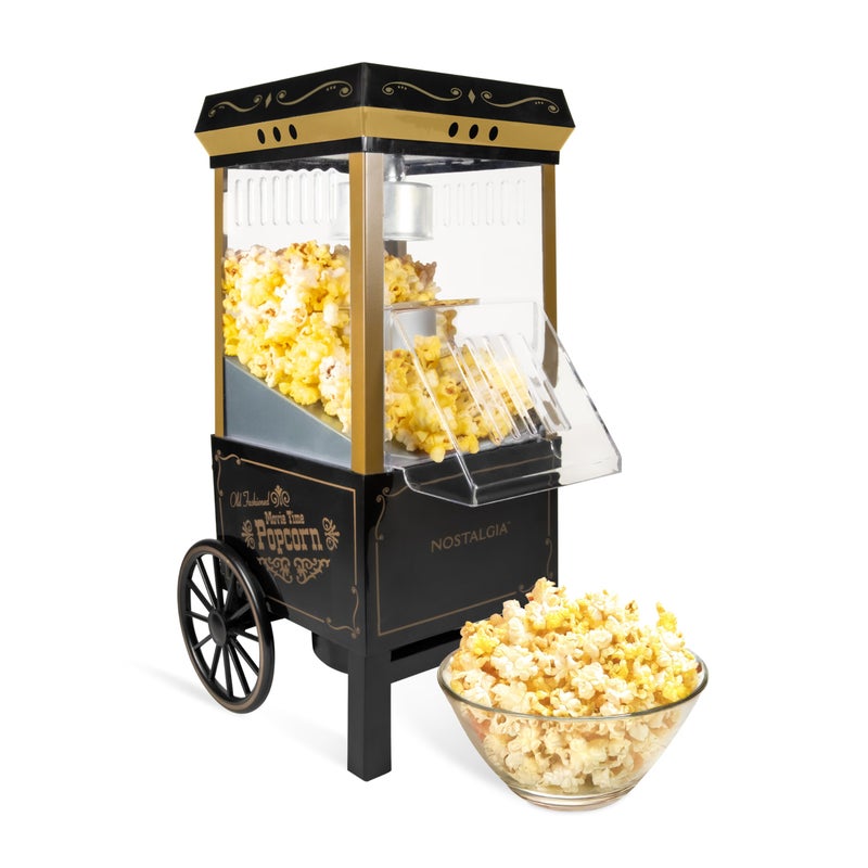 Nostalgia Vintage Hot-Air Popcorn Maker Machine - Makes Up to 12 Cups - Oil-Free - Healthier Popcorn - Classic Stand-Up Cart With Wheels - Includes Kernel Measuring Cup - Black - Image 1
