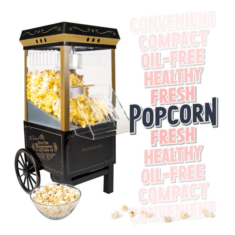 Nostalgia Vintage Hot-Air Popcorn Maker Machine - Makes Up to 12 Cups - Oil-Free - Healthier Popcorn - Classic Stand-Up Cart With Wheels - Includes Kernel Measuring Cup - Black - Image 5