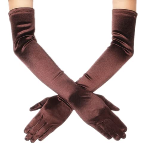 DreamHigh Women's Party Wedding 21" Long Satin Finger Gloves Brown - Image 4