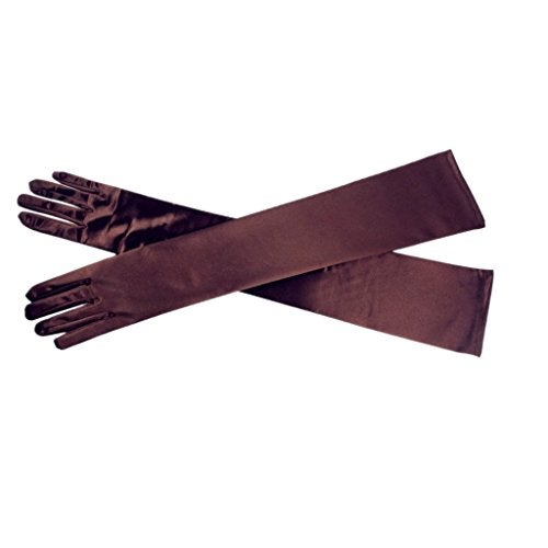 DreamHigh Women's Party Wedding 21" Long Satin Finger Gloves Brown - Image 2