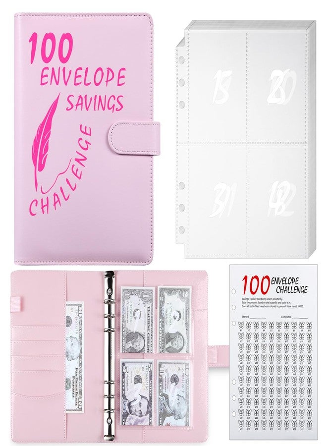 MUQING 100 Envelope Challenge Binder, 25 Sheets Silkscreen Numbers to 100, Not Stickers, Reusable Tracker, Easy and Fun 100 Envelopes Money Saving Challenge Save $5050, Budget Planner & Saving Money (Pink) - Image 1