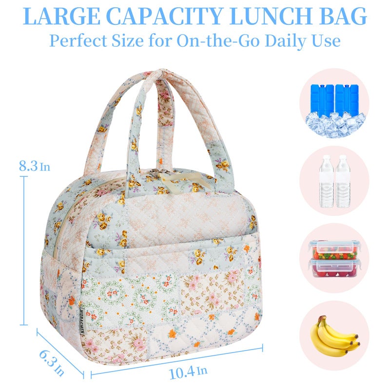WOBAGMEN Quilted Lunch Box for Women,Coquette Aesthetic Lunch Box for Teen Girls,Cute Floral Lunch Bags for Work, School,Office,Picnic,Travel (coloful floral) - Image 2