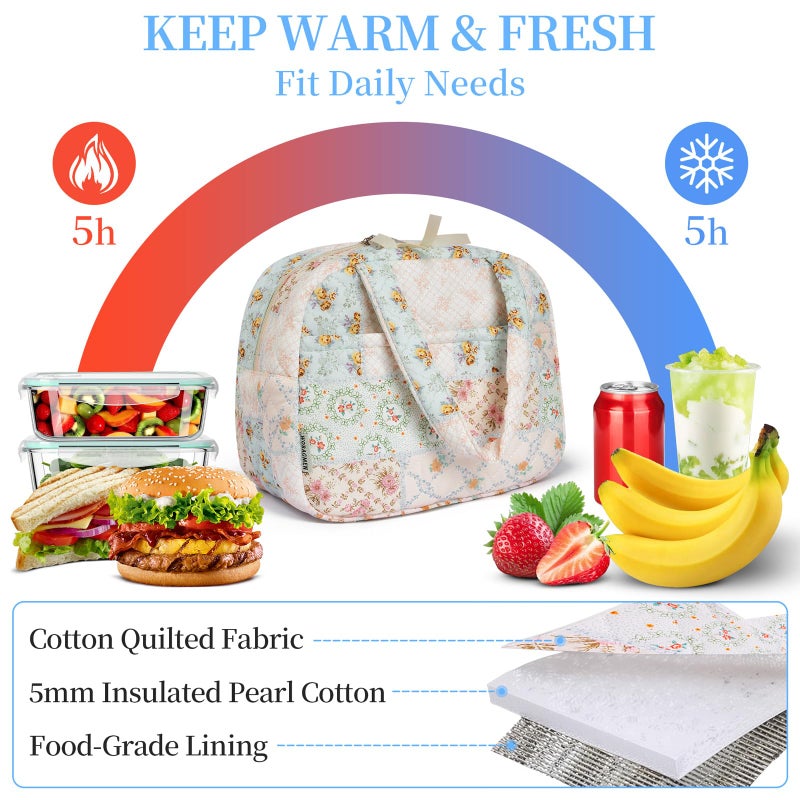 WOBAGMEN Quilted Lunch Box for Women,Coquette Aesthetic Lunch Box for Teen Girls,Cute Floral Lunch Bags for Work, School,Office,Picnic,Travel (coloful floral) - Image 3