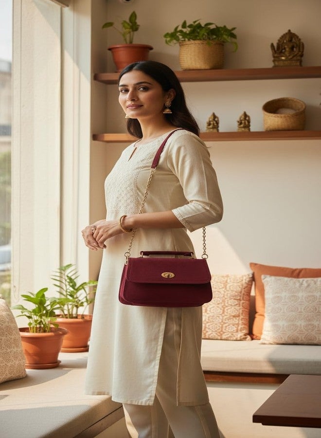 eeoan Maroon Suede Leather Shoulder Bag with Gold Chain Strap and Turn Lock Closure - Image 3