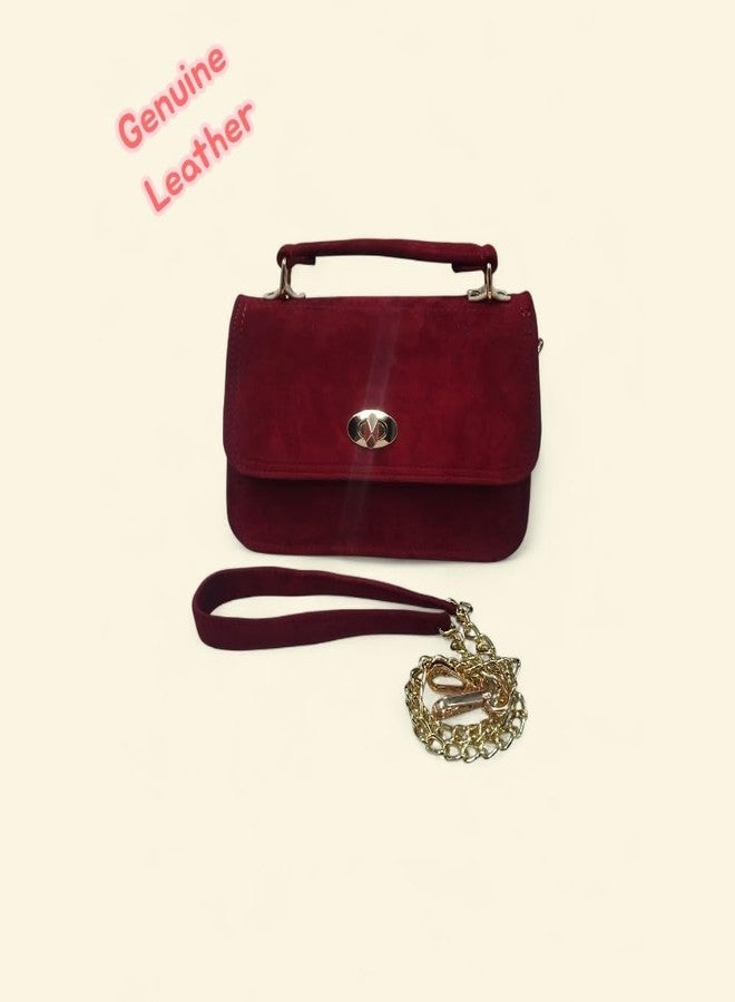 eeoan Maroon Suede Leather Shoulder Bag with Gold Chain Strap and Turn Lock Closure - Image 4