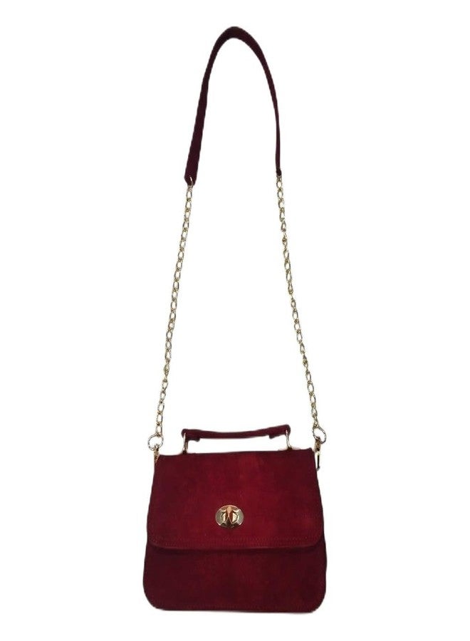 eeoan Maroon Suede Leather Shoulder Bag with Gold Chain Strap and Turn Lock Closure - Image 1