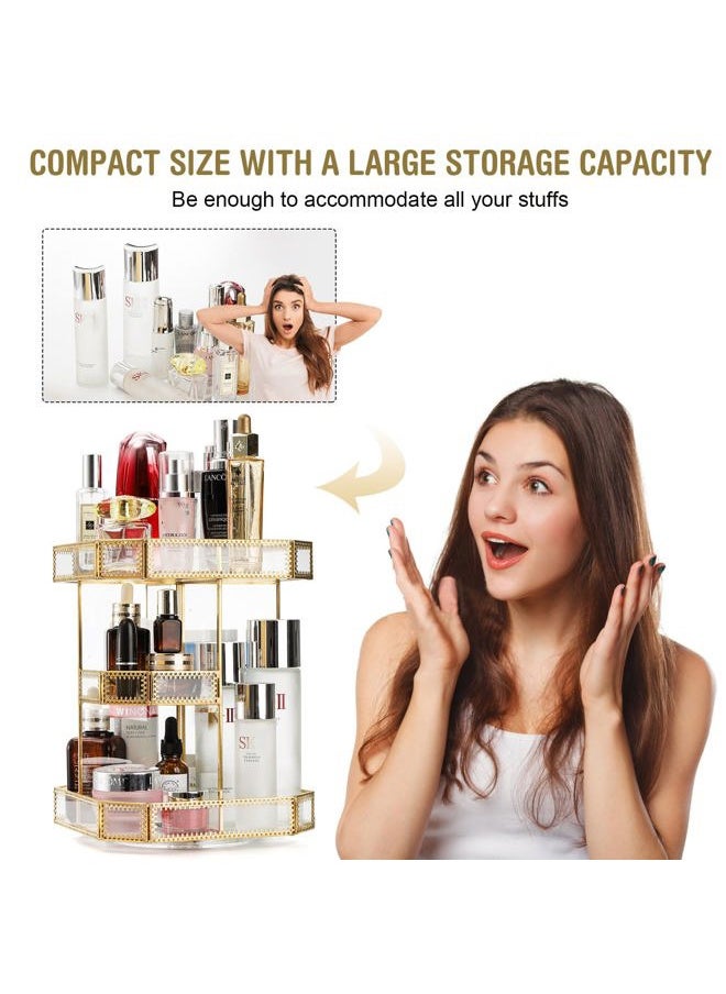 ZOOFOX - 360 Degree Rotating Glass Makeup Organizer, Large Cosmetics Storage Display Holder with Gold Trim for Vanity, Clear Makeup Carousel for Perfume, Cosmetics, Brushes, Lotion, Lipsticks - Image 1