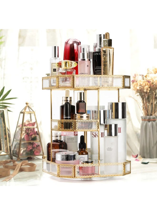 ZOOFOX - 360 Degree Rotating Glass Makeup Organizer, Large Cosmetics Storage Display Holder with Gold Trim for Vanity, Clear Makeup Carousel for Perfume, Cosmetics, Brushes, Lotion, Lipsticks - Image 1