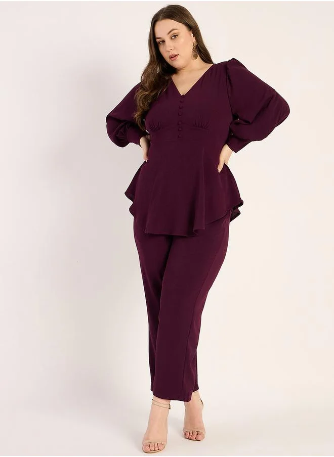 Femmella Plus Size V-Neck Top and Trousers Set