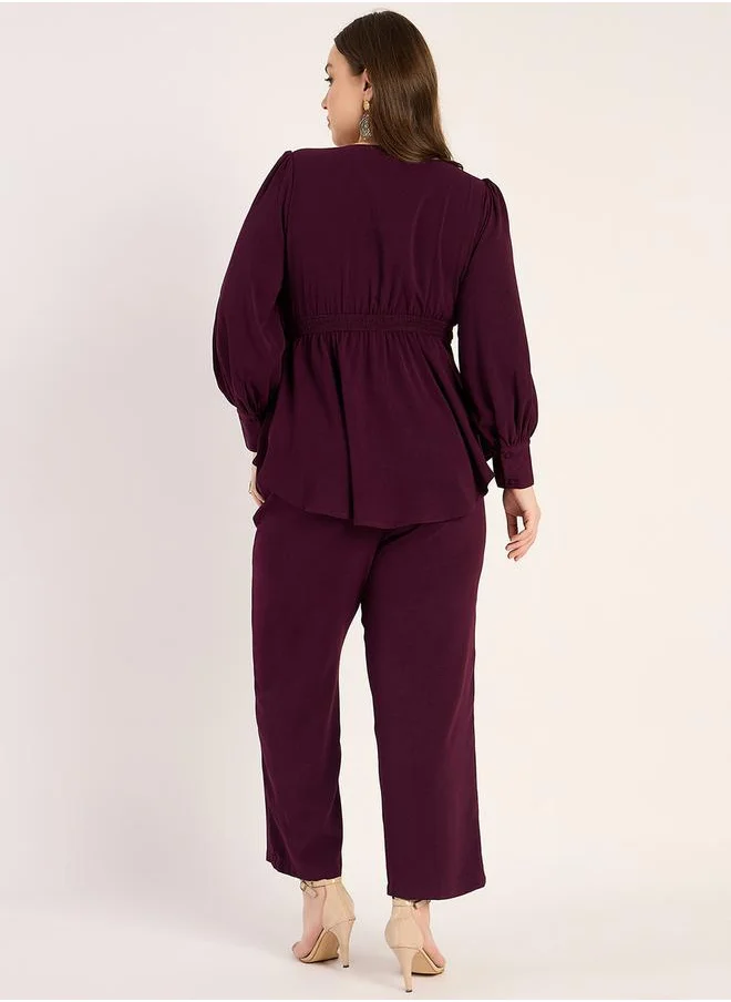 Femmella Plus Size V-Neck Top and Trousers Set